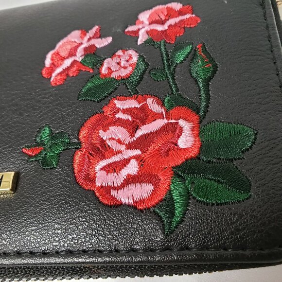 Rampage Black Pebbled Faux Leather Zip Around Wallet w/Embroidered Red Flowers - Picture 4 of 10